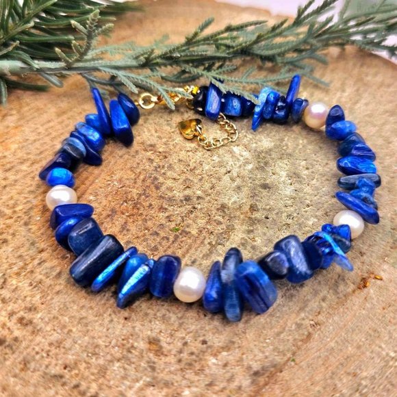 Nature Blue Kyanite Chips White Pearl Adjustable Bracelet - Picture 6 of 10
